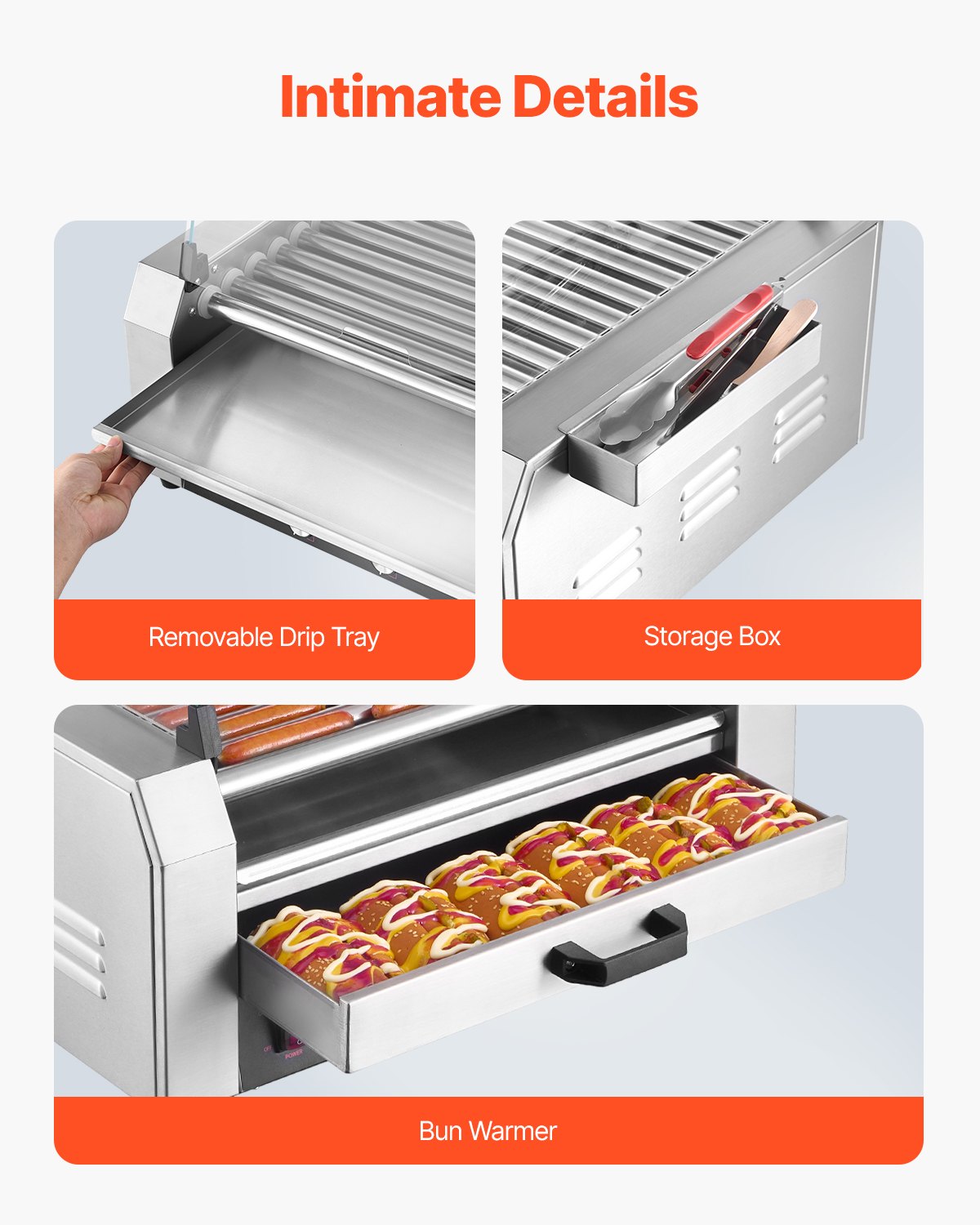 VEVOR Hot Dog Roller, 30 Hot Dog 11 Rollers, Stainless Steel Sausage Grill Cooker, 2400W Hot Dog Machine with Bun Warmer, Cover, 3 Temp Control, Side Storage Box, Oil Drip Tray, for Home & Commercial