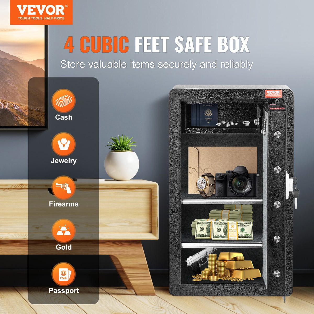 VEVOR Single Door 4.0 cu.ft Safe Box with Key Lock & Password