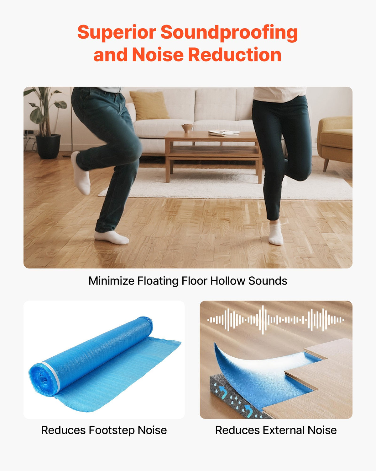 VEVOR Floor Underlayment 27.9 m², 3-in-1 2 mm Thick Flooring Padding with Tape & Vapor Barrier, Heavy Duty EPE Foam with Blue PE, Soundproofing & Noise Reduction, for Laminate Wood (3 Rolls x 9.3 m²)
