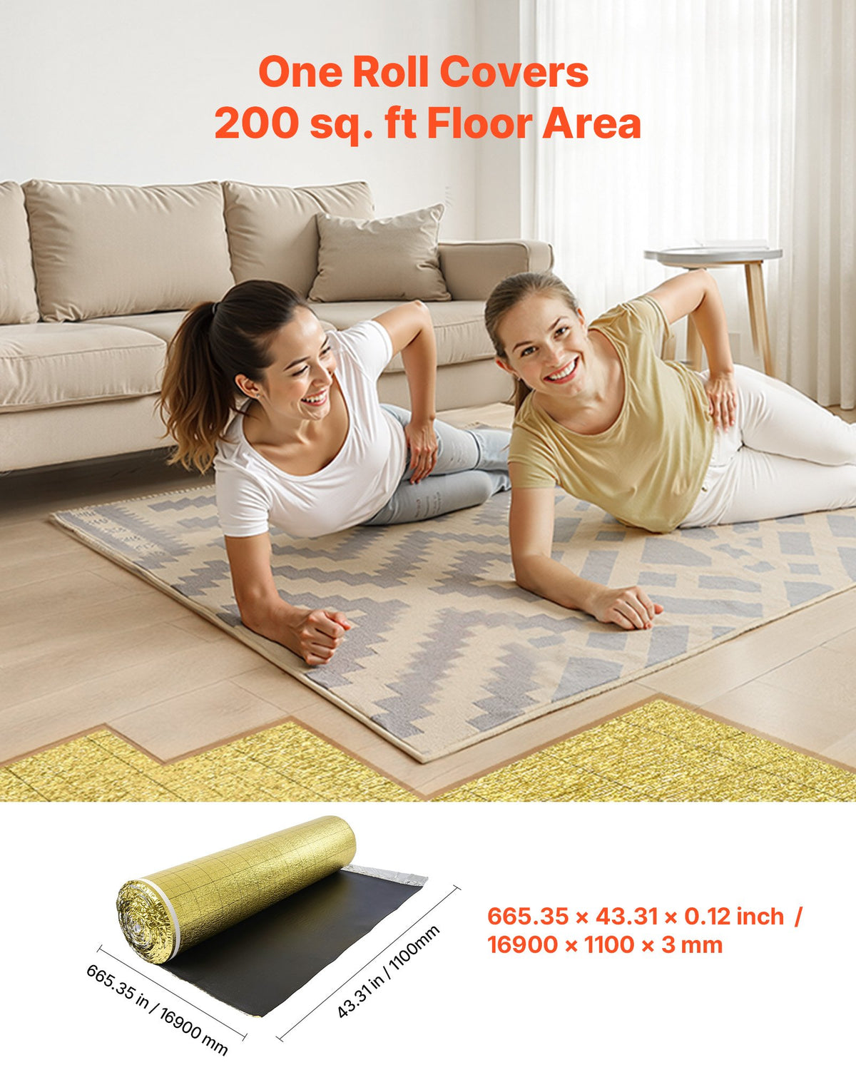 VEVOR Floor Underlayment 18.6 m²/Roll, 3 mm Thick Flooring Padding with Tape & Vapor Barrier, Heavy Duty EPE Foam with Gold PE, Soundproofing and Noise Reduction, Ideal for Laminate Wood Floors