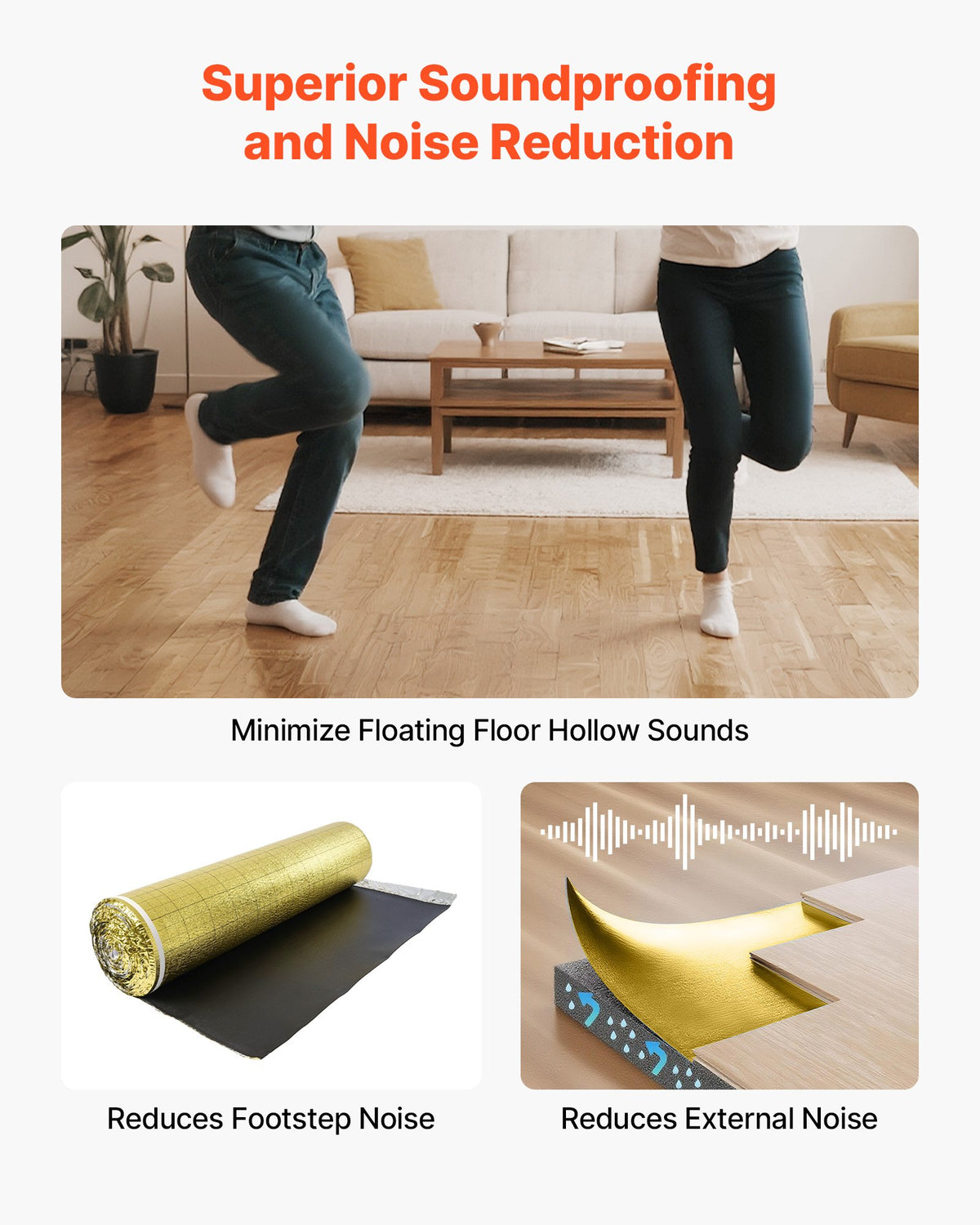 VEVOR Floor Underlayment 18.6 m²/Roll, 3 mm Thick Flooring Padding with Tape & Vapor Barrier, Heavy Duty EPE Foam with Gold PE, Soundproofing and Noise Reduction, Ideal for Laminate Wood Floors