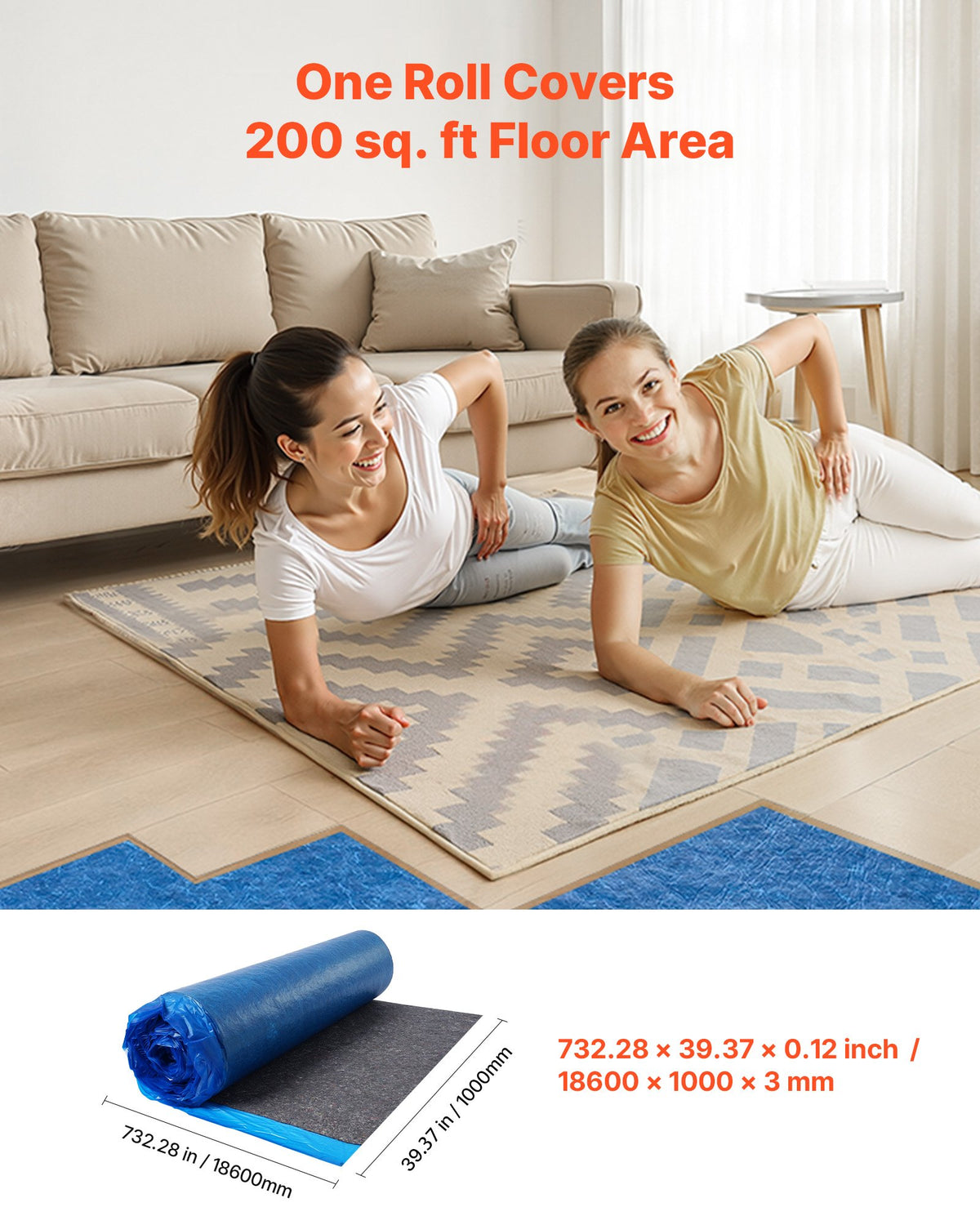 VEVOR Floor Underlayment 37.2 m², 3mm Laminate Flooring Padding with Attached Vapor Barrier, Heavy Duty Fiber+PE Film, Soundproofing & Noise Reduction for Vinyl & Wood Floors(2 Rolls x 18.6 m²)