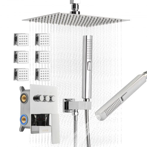 VEVOR Shower Faucet Set, 254 mm Ceiling Mount Rainfall Shower System with 6 Body Jets and 2 in 1 Handheld Spray, Rotatable 3-Function Rain Head System Set, Complete Brass Valve and Trim Kit, Chrome