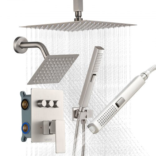 VEVOR Shower Faucet Set, 254 mm Ceiling Mount Rainfall Shower System with 152 mm Wall Mount Head and 2 in 1 Handheld Spray, Rotatable 3-Function Dual Rain Head Brass Valve & Trim Kit, Brushed Nickel