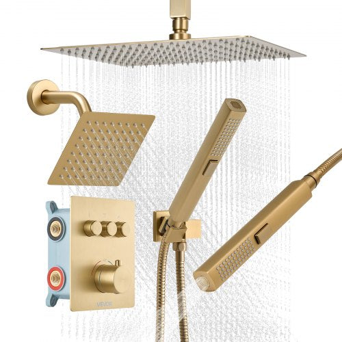 VEVOR Shower Faucet Set, 305 mm Thermostatic Ceiling Mount Rainfall Shower System with 152 mm Wall Mount Head and 2 in 1 Handheld Spray, 3-Function Dual Rain Head Brass Valve Trim Kit, Brushed Gold