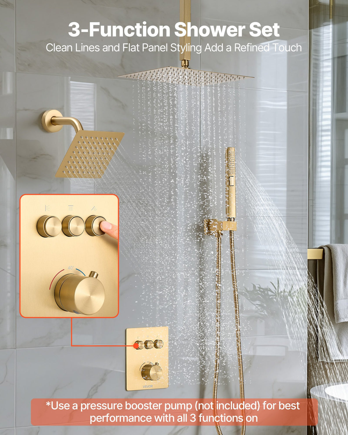 VEVOR Shower Faucet Set, 305 mm Thermostatic Ceiling Mount Rainfall Shower System with 152 mm Wall Mount Head and 2 in 1 Handheld Spray, 3-Function Dual Rain Head Brass Valve Trim Kit, Brushed Gold