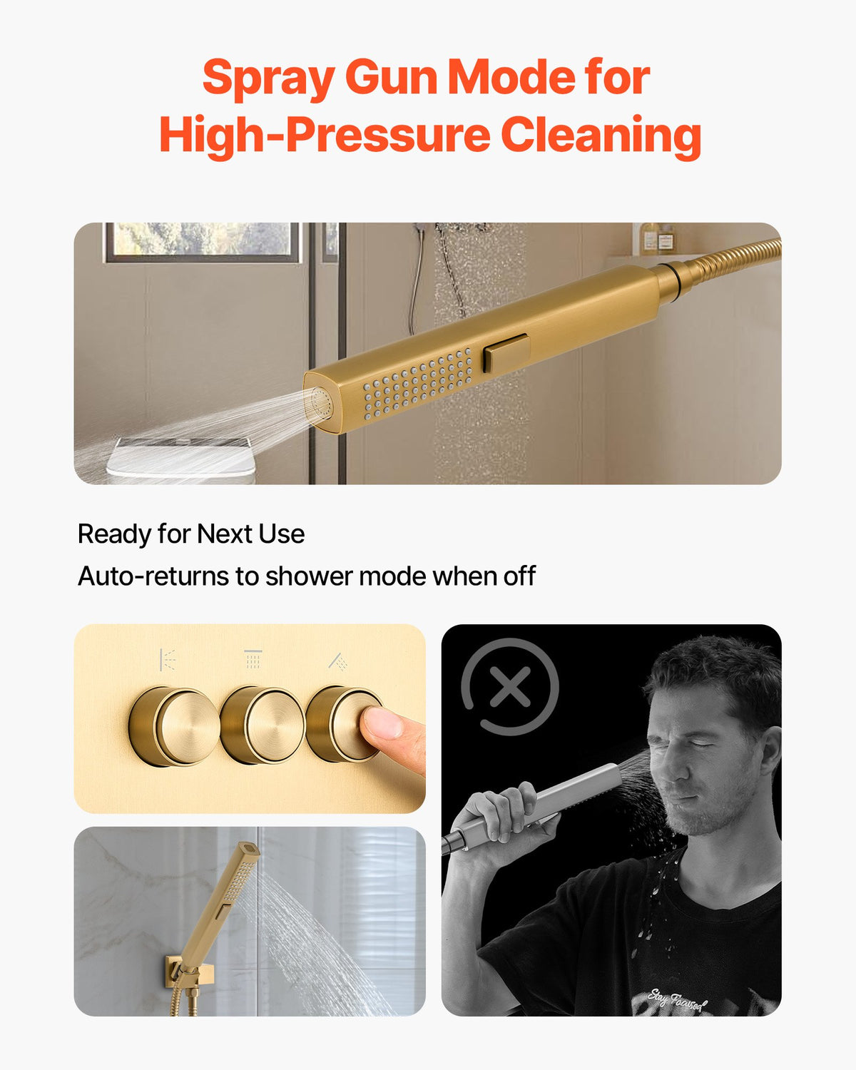 VEVOR Shower Faucet Set, 305 mm Thermostatic Ceiling Mount Rainfall Shower System with 152 mm Wall Mount Head and 2 in 1 Handheld Spray, 3-Function Dual Rain Head Brass Valve Trim Kit, Brushed Gold