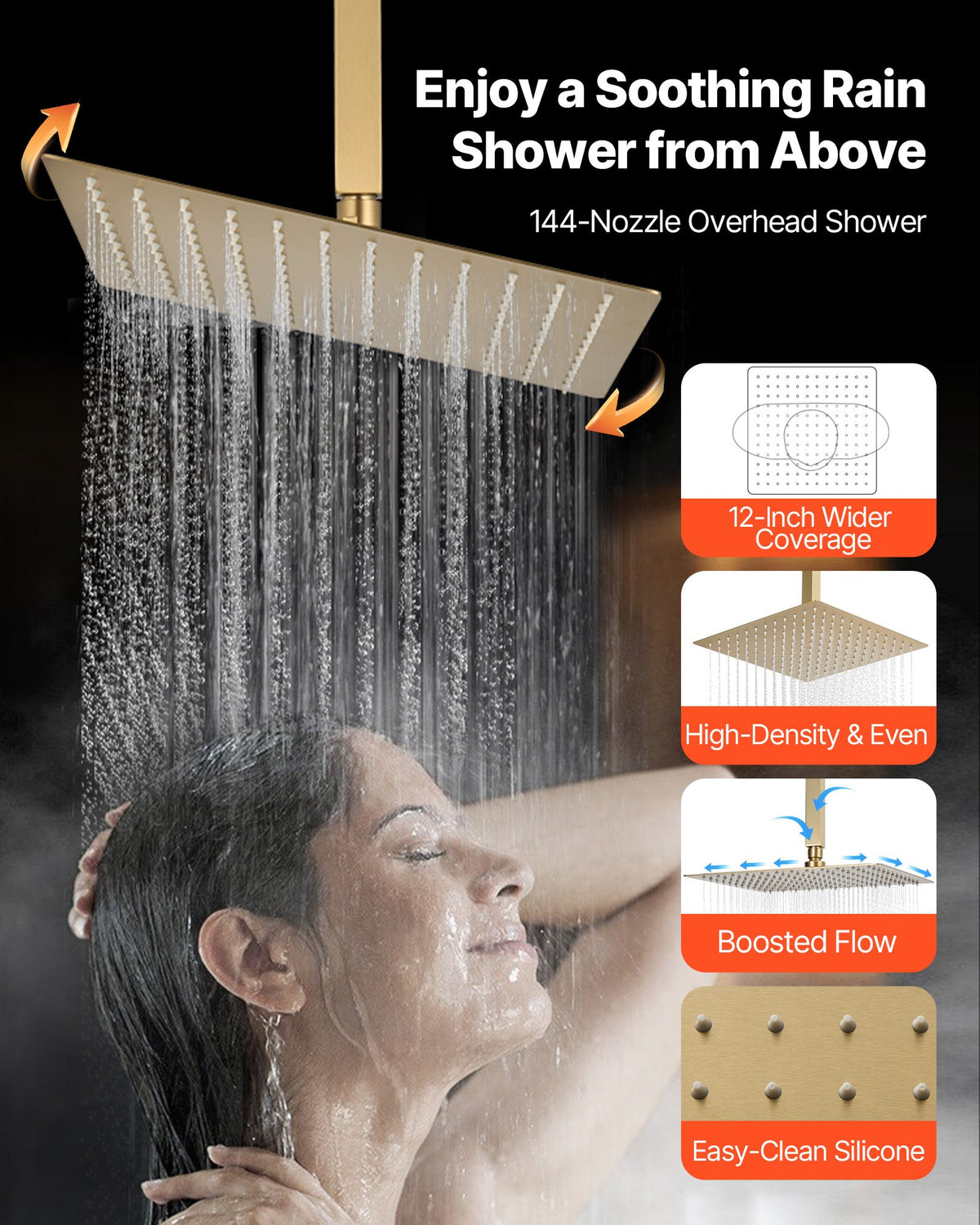 VEVOR Shower Faucet Set, 305 mm Thermostatic Ceiling Mount Rainfall Shower System with 152 mm Wall Mount Head and 2 in 1 Handheld Spray, 3-Function Dual Rain Head Brass Valve Trim Kit, Brushed Gold