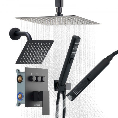 VEVOR Shower Faucet Set, 254 mm Ceiling Mount Rainfall Shower System with 152 mm Wall Mount Head and 2 in 1 Handheld Spray, Rotatable 3-Function Dual Rain Head Brass Valve and Trim Kit, Matte Black