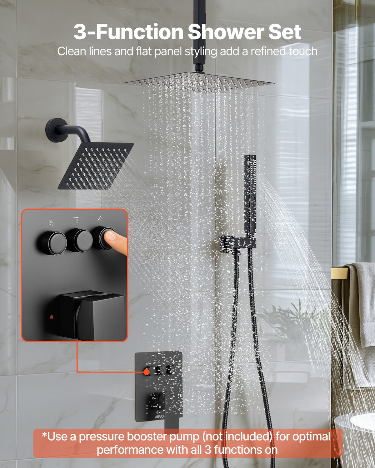 VEVOR Shower Faucet Set, 254 mm Ceiling Mount Rainfall Shower System with 152 mm Wall Mount Head and 2 in 1 Handheld Spray, Rotatable 3-Function Dual Rain Head Brass Valve and Trim Kit, Matte Black