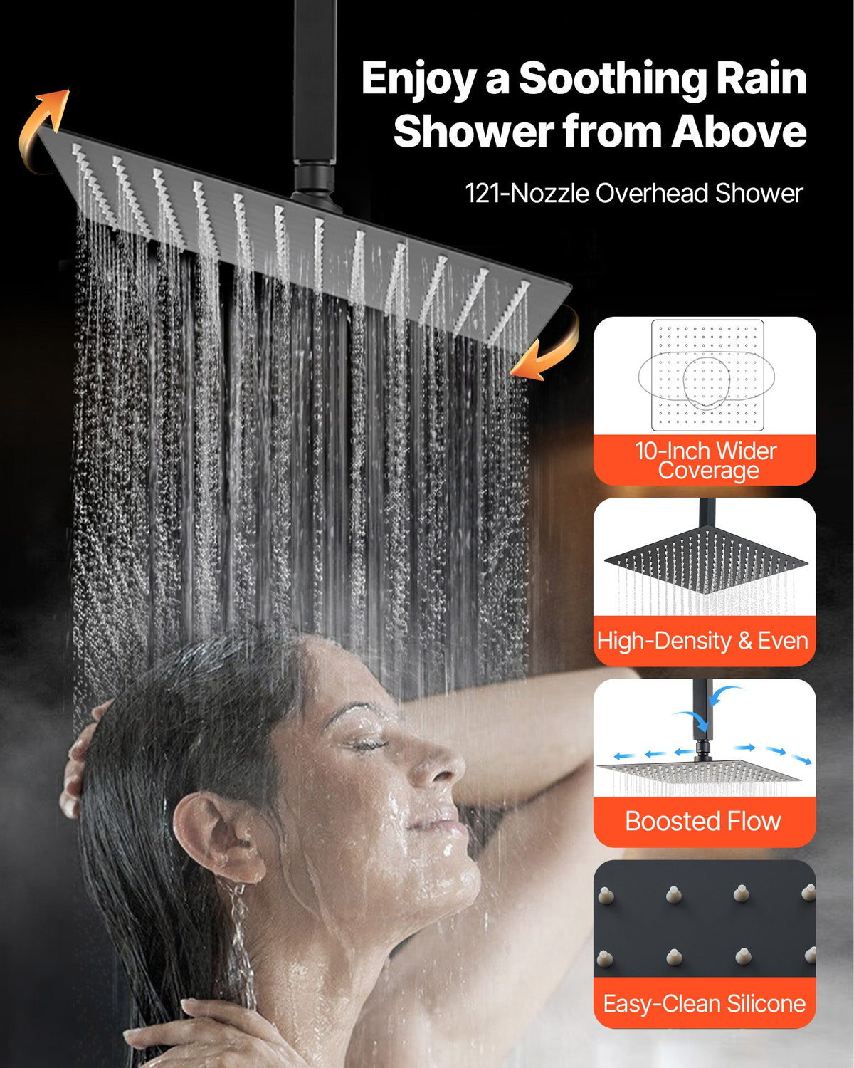 VEVOR Shower Faucet Set, 254 mm Ceiling Mount Rainfall Shower System with 152 mm Wall Mount Head and 2 in 1 Handheld Spray, Rotatable 3-Function Dual Rain Head Brass Valve and Trim Kit, Matte Black