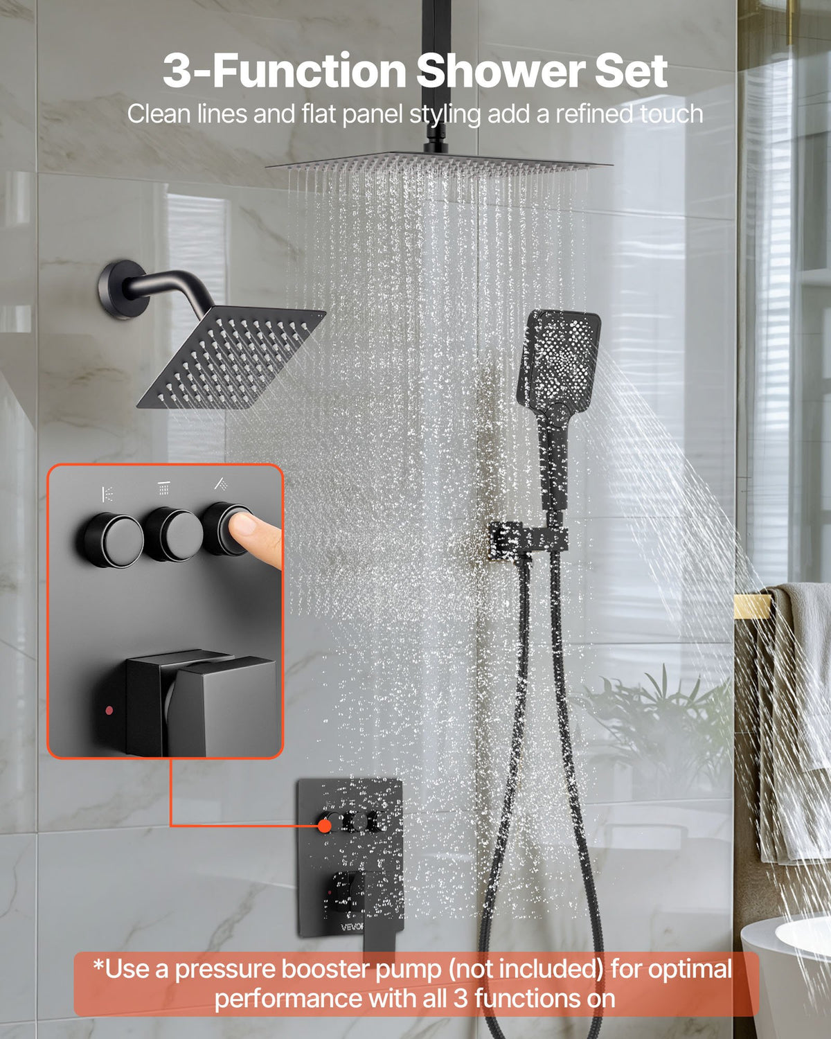 VEVOR Shower Faucet Set, 305 mm Ceiling Mount Rainfall Shower System with 152 mm Wall Mount Head and 4 in 1 Handheld Spray, Rotatable 3-Function Dual Rain Head Brass Valve and Trim Kit, Matte Black