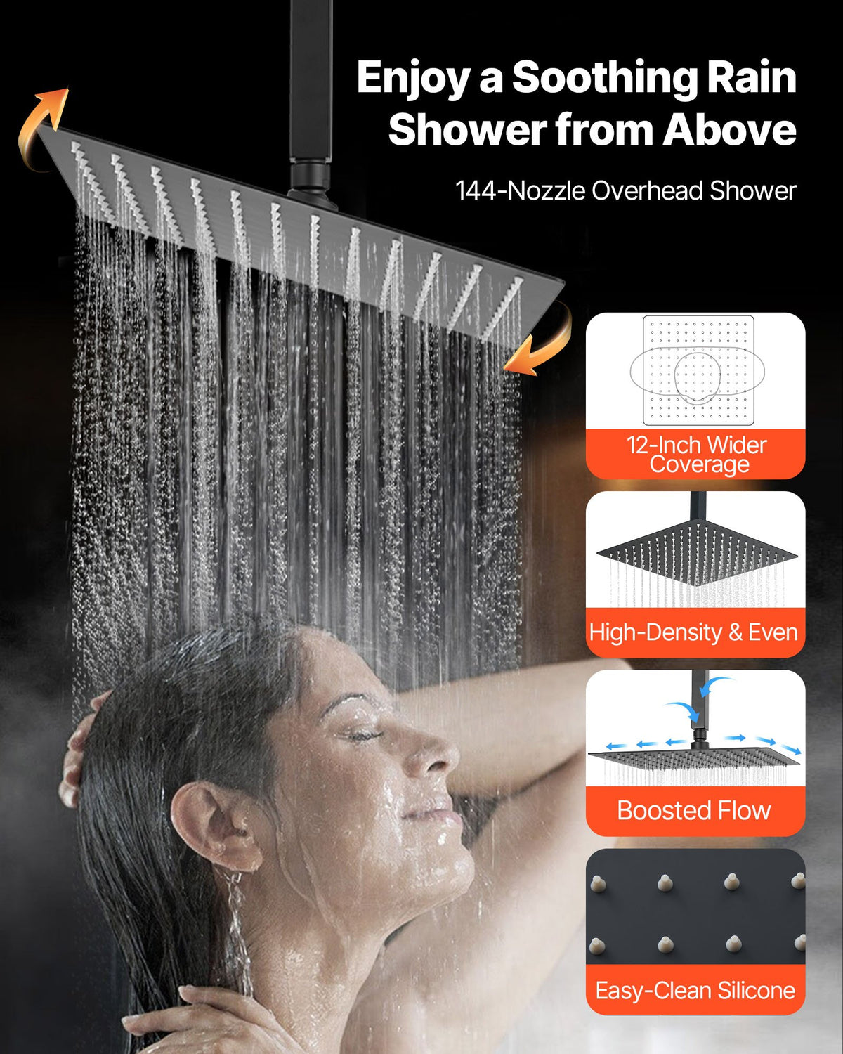 VEVOR Shower Faucet Set, 305 mm Ceiling Mount Rainfall Shower System with 152 mm Wall Mount Head and 4 in 1 Handheld Spray, Rotatable 3-Function Dual Rain Head Brass Valve and Trim Kit, Matte Black