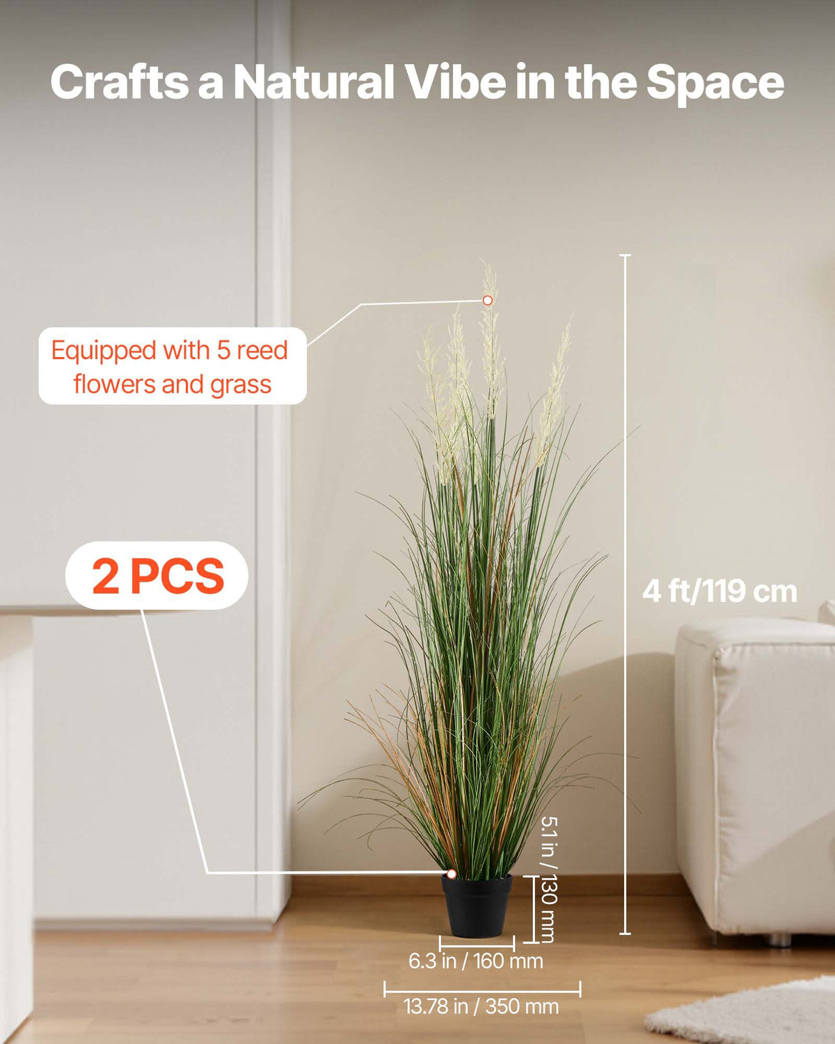 VEVOR Artificial Grass Plant, 2 Pack 1194mm Reed Flower Grass in Pot, Premium PVC Faux Fake Greenery Shrubs Plant for Indoor Outdoor House Home Garden Office Room Décor, Housewarming, Green