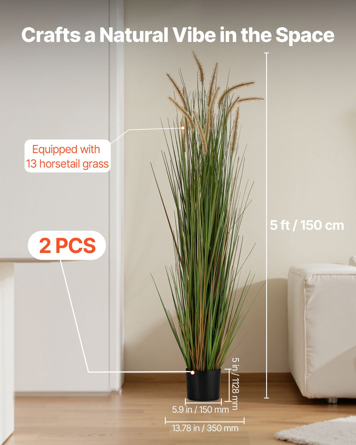 VEVOR Artificial Grass Plant, 2 Pack 1499mm Horsetail Reed Grass in Pot, Premium PVC Faux Fake Greenery Shrubs Plant for Indoor Outdoor House Home Garden Office Room Décor, Housewarming, Green