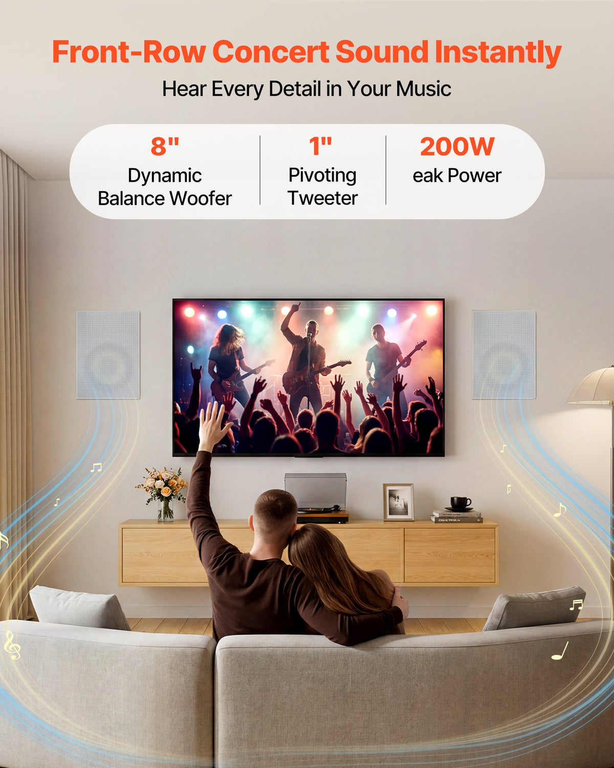 VEVOR In-Wall Speakers, 203.2mm, In Wall Speaker System with Paintable Grille, Hi-Fi Sound, 200W Peak, 2-Way Rectangular Speakers, for Damp Humid Indoor Placement, Bath, Kitchen, Covered Porch, 1 Pair