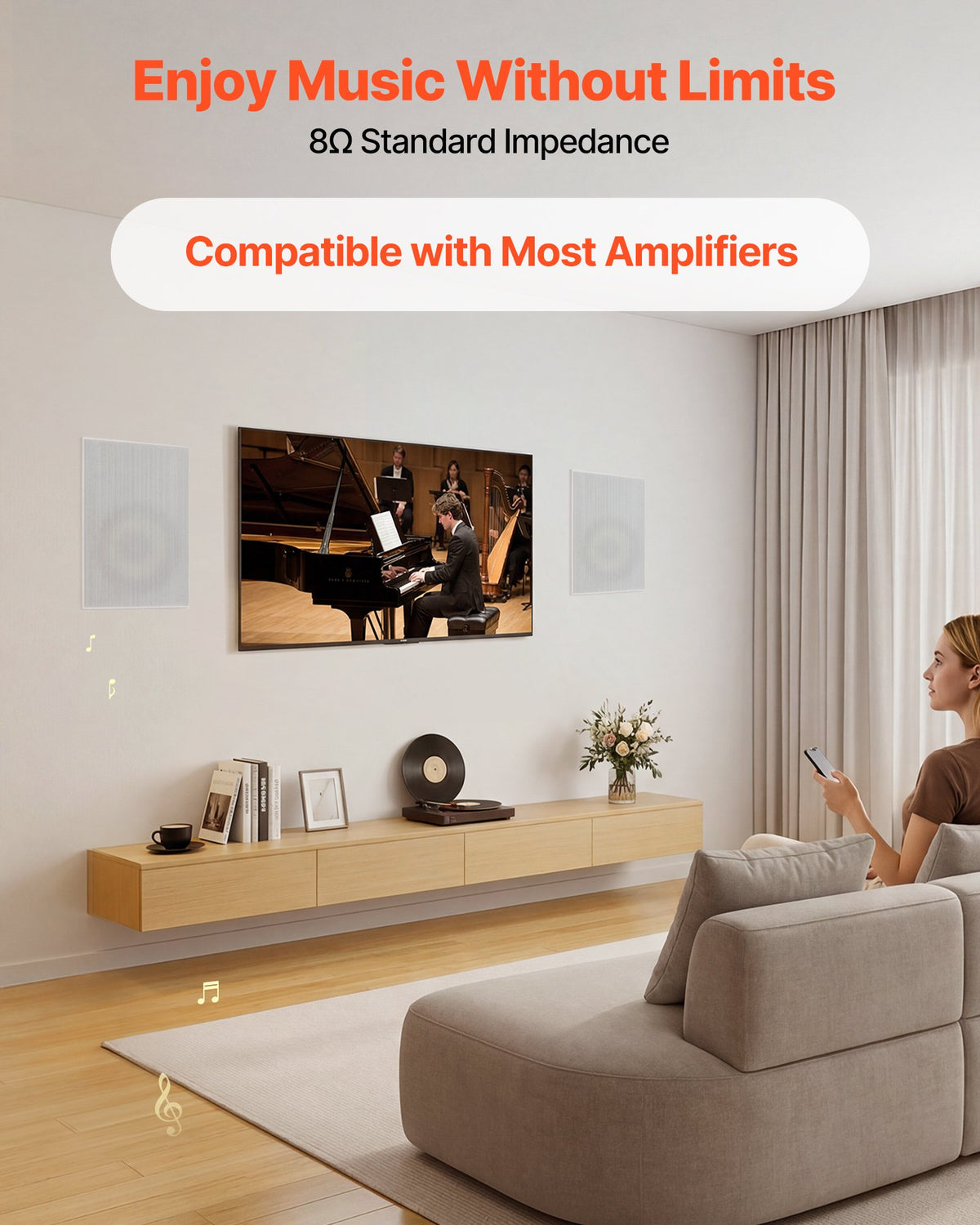 VEVOR In-Wall Speakers, 203.2mm, In Wall Speaker System with Paintable Grille, Hi-Fi Sound, 200W Peak, 2-Way Rectangular Speakers, for Damp Humid Indoor Placement, Bath, Kitchen, Covered Porch, 1 Pair