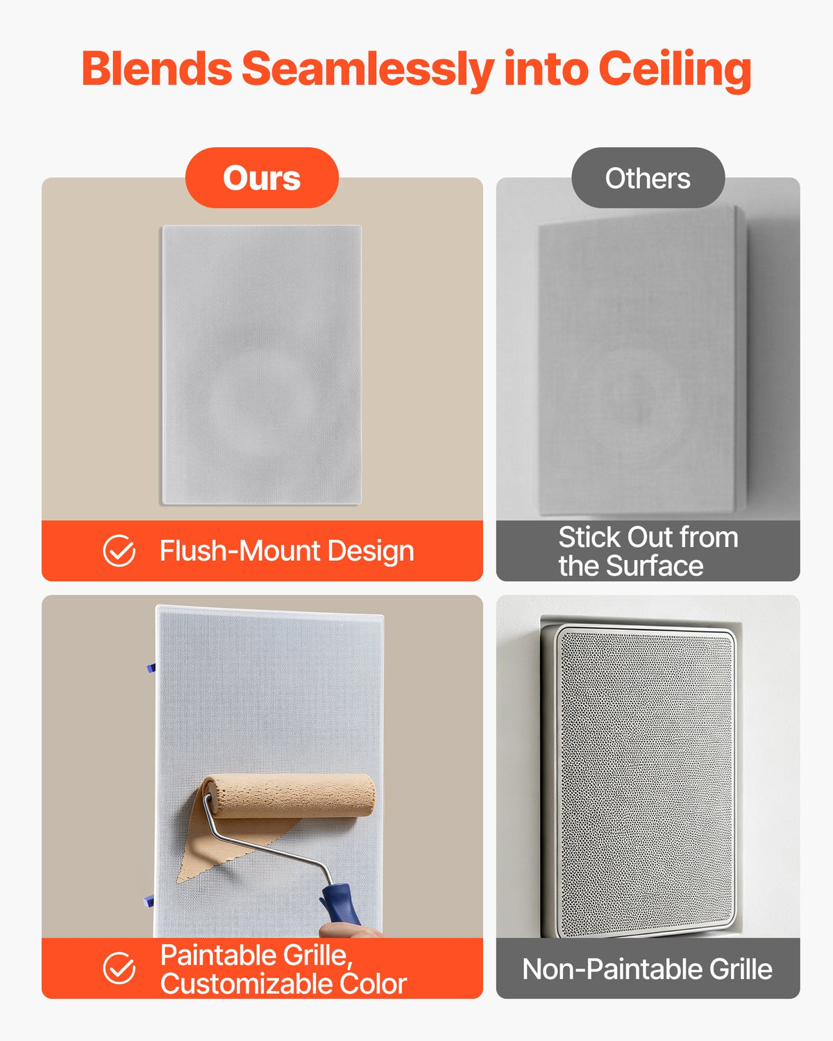 VEVOR In-Wall Speakers, 203.2mm, In Wall Speaker System with Paintable Grille, Hi-Fi Sound, 200W Peak, 2-Way Rectangular Speakers, for Damp Humid Indoor Placement, Bath, Kitchen, Covered Porch, 1 Pair