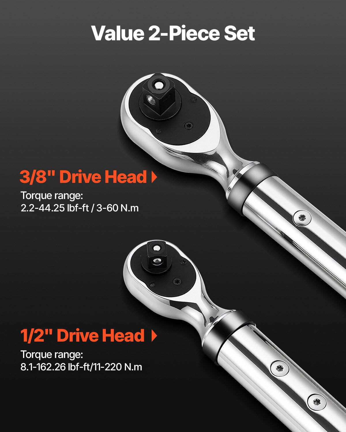 VEVOR Digital Torque Wrench Set, 2 Pieces, 1/2, 3/8 Inch Drive, 72-Tooth, ±2% High Accuracy Electronic Torque Wrench with Preset Value, Buzzer and LED Notification, for Automotive Motorcycle