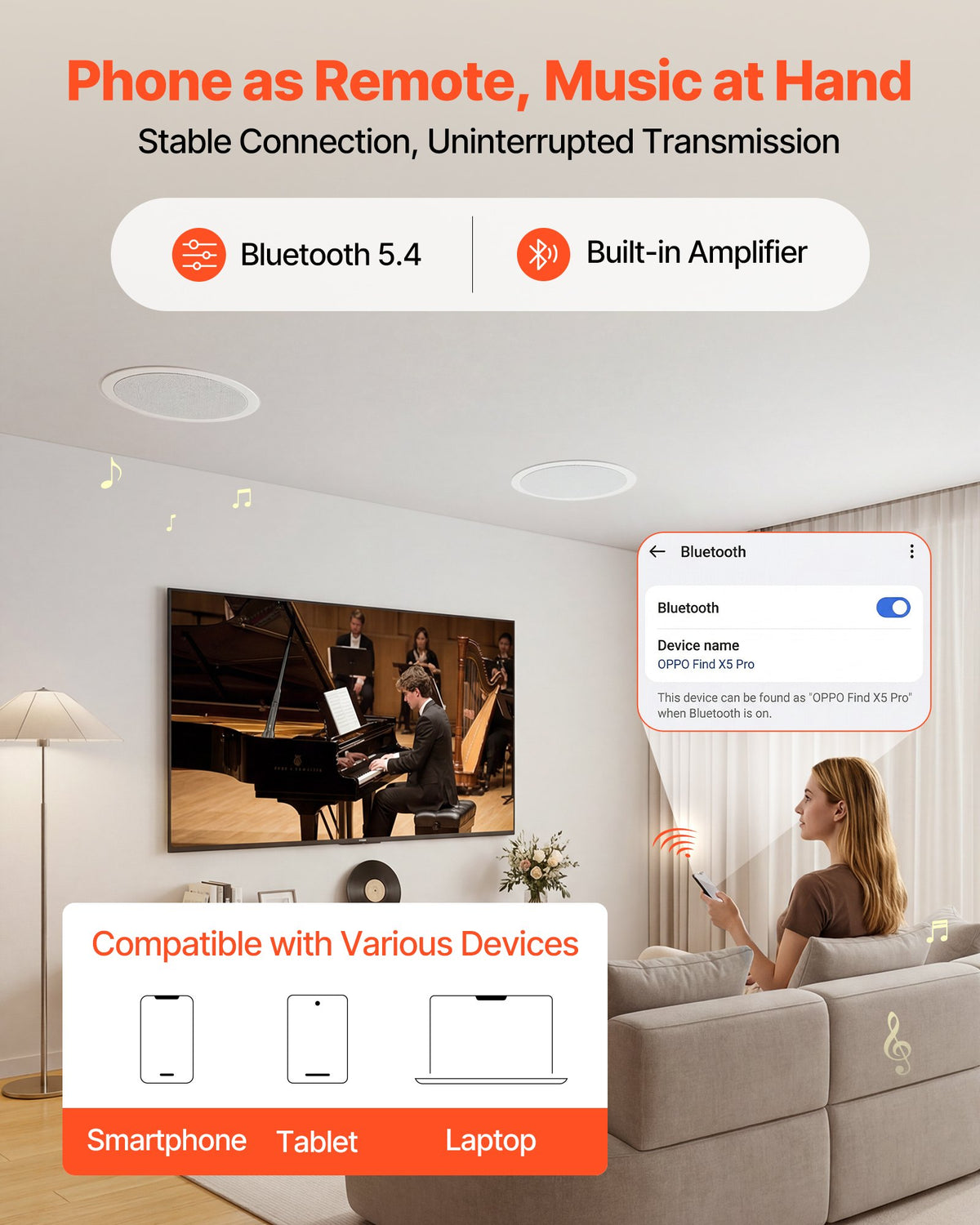 VEVOR Bluetooth Ceiling Speakers, 203.2mm, In Ceiling & In-Wall Speaker System with Amplifier, 2-Way Flush Mount Speakers, for Damp Humid Placement, Home Theater, Living Room, or Covered Patio, 1 Pair