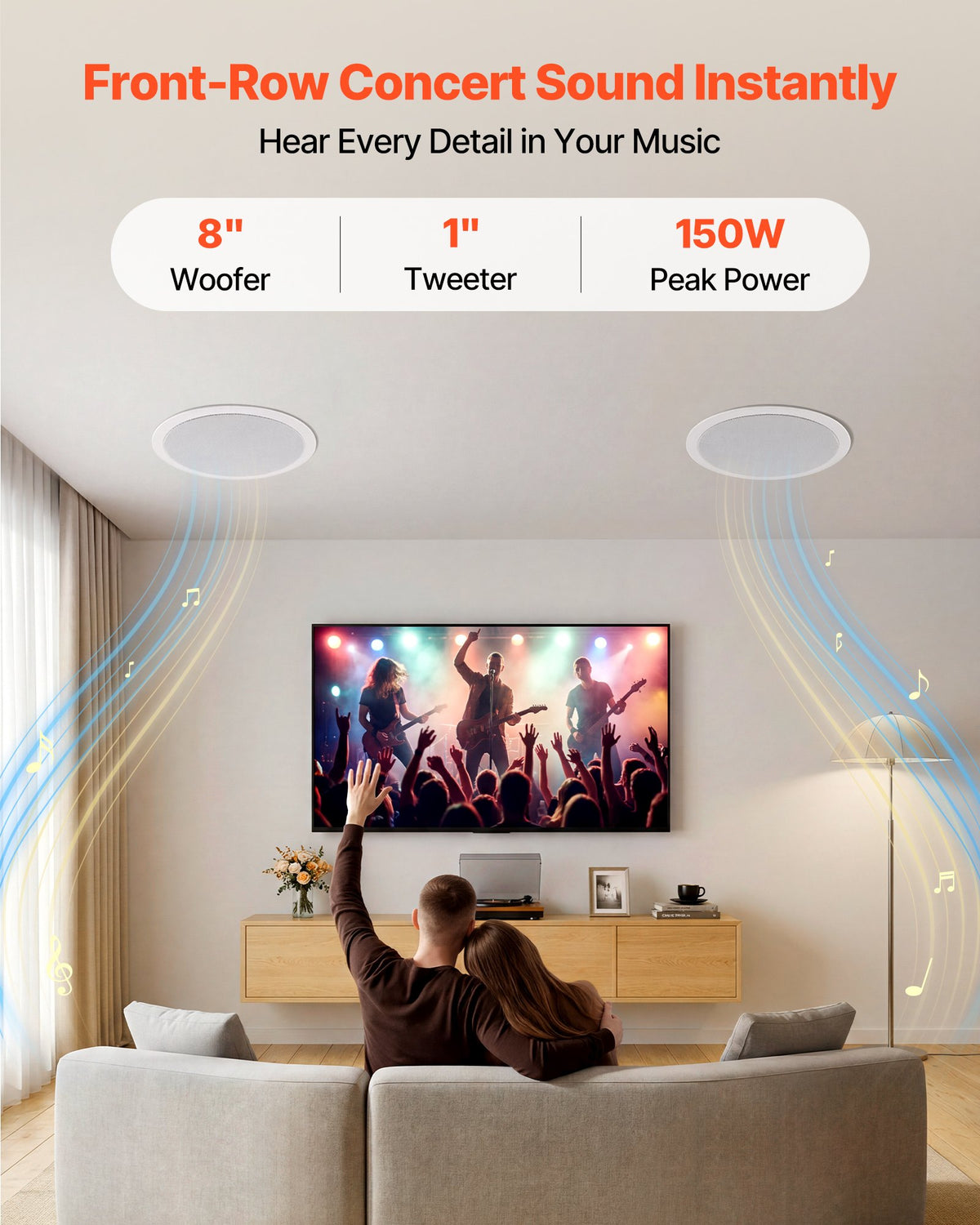 VEVOR In Ceiling Speakers, 203.2 mm, In-Ceiling & In-Wall Speaker System, Hi-Fi Sound, 150W Peak, 2-Way Flush Mount Speakers, for Damp Humid Placement, Home Theater, Living Room, Covered Patio, 1 Pair