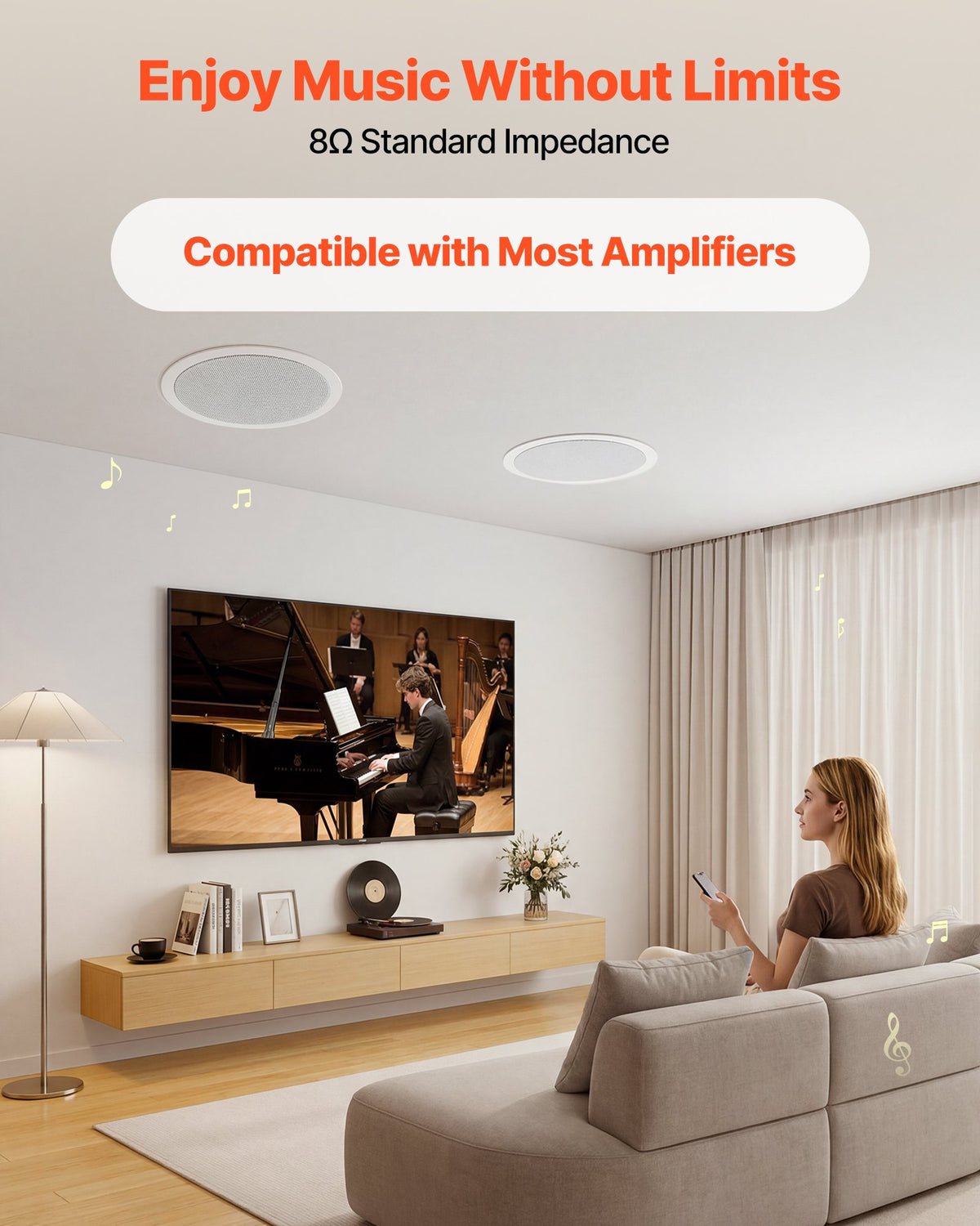 VEVOR In Ceiling Speakers, 203.2 mm, In-Ceiling & In-Wall Speaker System, Hi-Fi Sound, 150W Peak, 2-Way Flush Mount Speakers, for Damp Humid Placement, Home Theater, Living Room, Covered Patio, 1 Pair