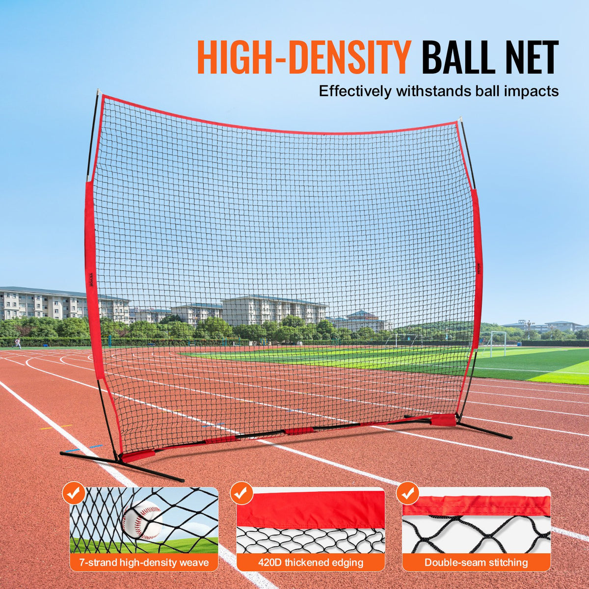 VEVOR Barricade Backstop Net, 12x9 ft Ball Sports Barrier Netting, Portable Practice Equipment with Carry Bag, Protection Screen for Baseball Softball Lacrosse Soccer Hockey Training, for Backyard
