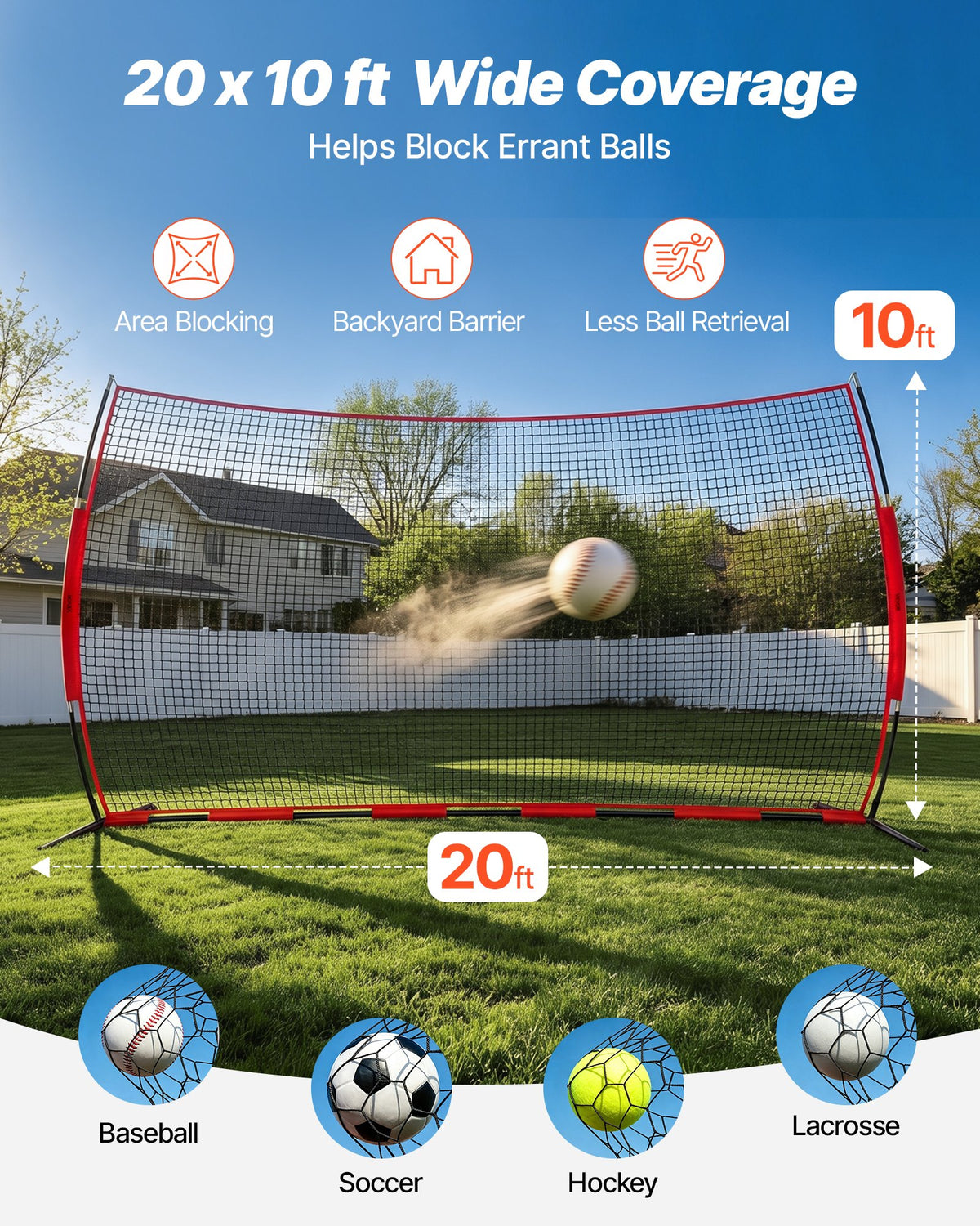 VEVOR Barricade Backstop Net, 20x10 ft Ball Sports Barrier Netting, Portable Practice Equipment with Carry Bag, Protection Screen for Baseball Softball Lacrosse Soccer Hockey Training, for Backyard