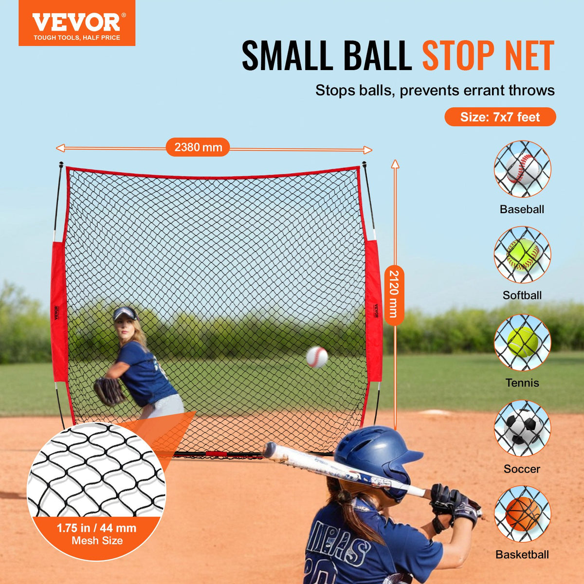 VEVOR Barricade Backstop Net, 7x7 ft Ball Sports Barrier Netting, Portable Practice Equipment with Carry Bag, Protection Screen for Baseball Softball Lacrosse Soccer Hockey Training, for Backyard