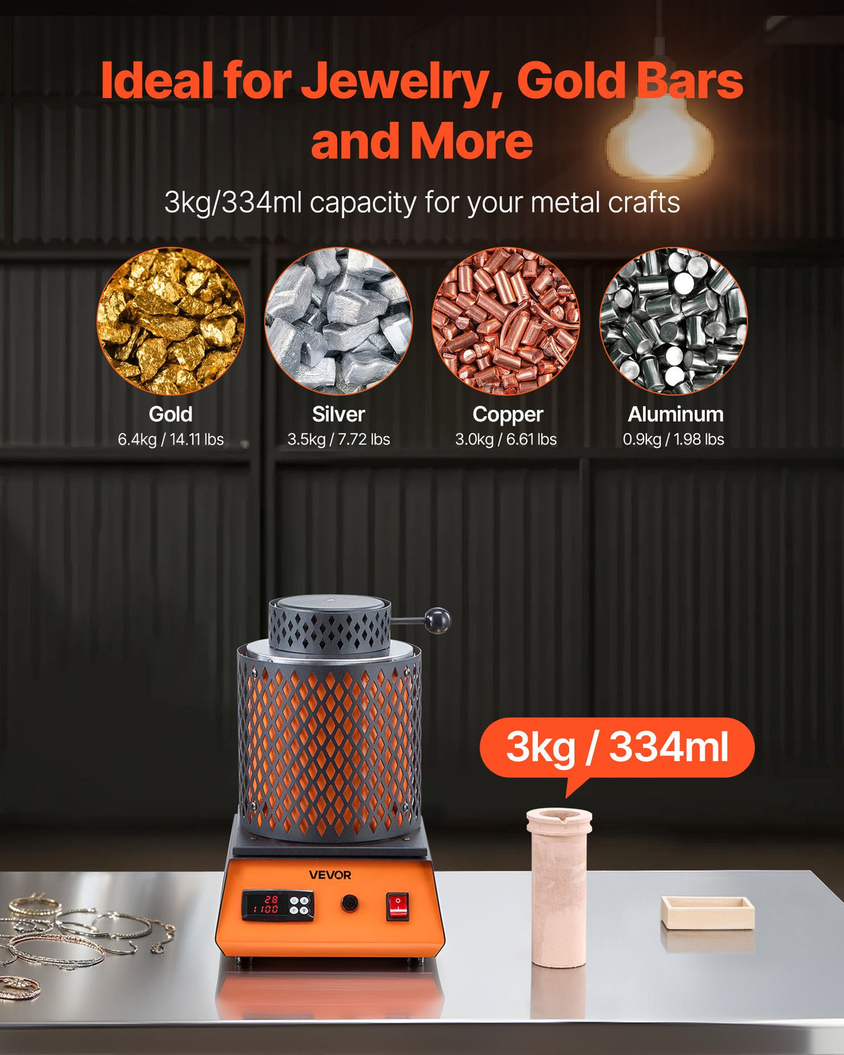 VEVOR Electric Melting Furnace, 1350W Electric Melting Furnace Kit, 2102℉/1150℃ Metal Smelting Machine with 3kg Ceramic Crucible, Gold Smelting Kit for Jewelry Making, Metal Bars, Metal Components