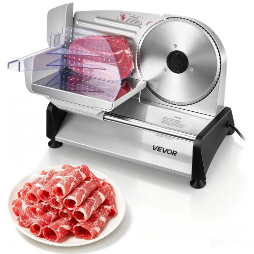 VEVOR Meat Slicer, 200W Electric Deli Slicer Machine with 190 mm Sharp Blade, Home Meat-Slicer with 70-100 RPM Slicing Speed, 0-15 mm Adjustable Thickness, for Frozen Meat, Ham, Baguett & Prime Steak