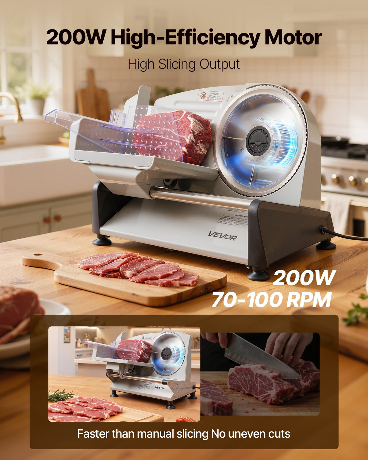 VEVOR Meat Slicer, 200W Electric Deli Slicer Machine with 190 mm Sharp Blade, Home Meat-Slicer with 70-100 RPM Slicing Speed, 0-15 mm Adjustable Thickness, for Frozen Meat, Ham, Baguett & Prime Steak