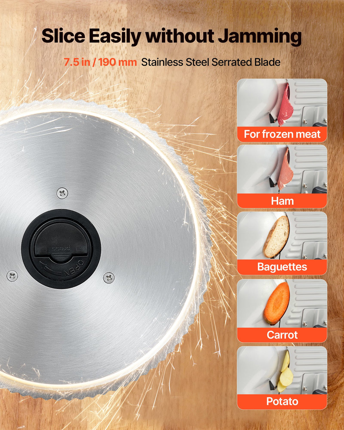 VEVOR Meat Slicer, 200W Electric Deli Slicer Machine with 190 mm Sharp Blade, Home Meat-Slicer with 70-100 RPM Slicing Speed, 0-15 mm Adjustable Thickness, for Frozen Meat, Ham, Baguett & Prime Steak