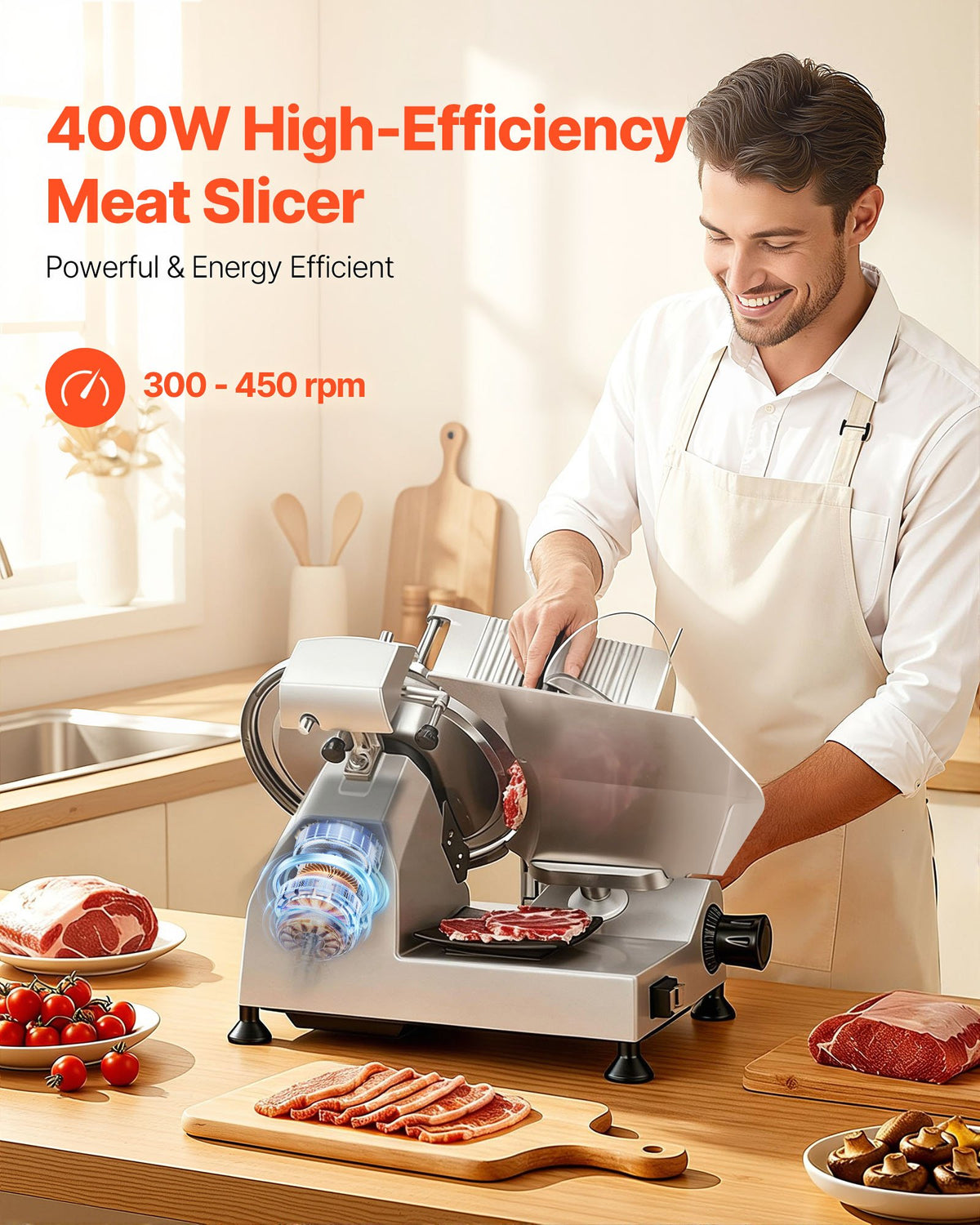 VEVOR Commercial Meat Slicer, 400W Electric Cutter, Removable 30cm Carbon Steel Blade and Food Tray, 0-15mm Adjustable Thickness Food Slicer Machine, for Frozen Meat, Ham, Baguett, Steak, ETL Approved