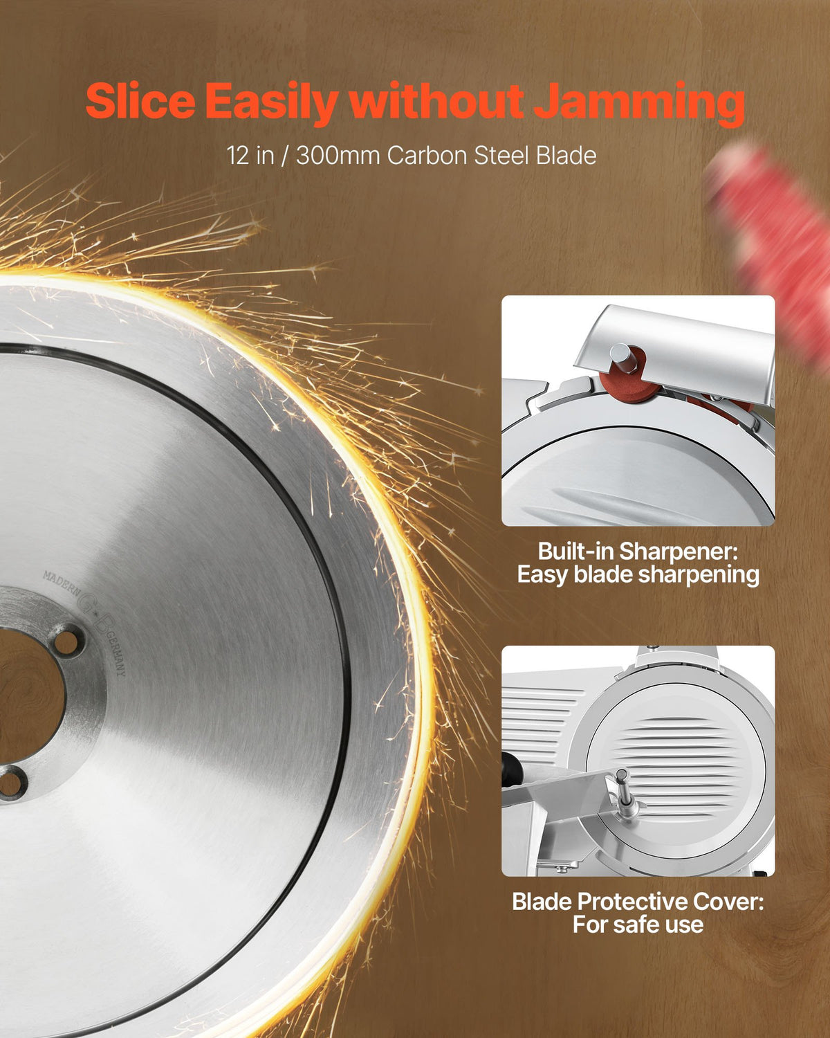 VEVOR Commercial Meat Slicer, 400W Electric Cutter, Removable 30cm Carbon Steel Blade and Food Tray, 0-15mm Adjustable Thickness Food Slicer Machine, for Frozen Meat, Ham, Baguett, Steak, ETL Approved