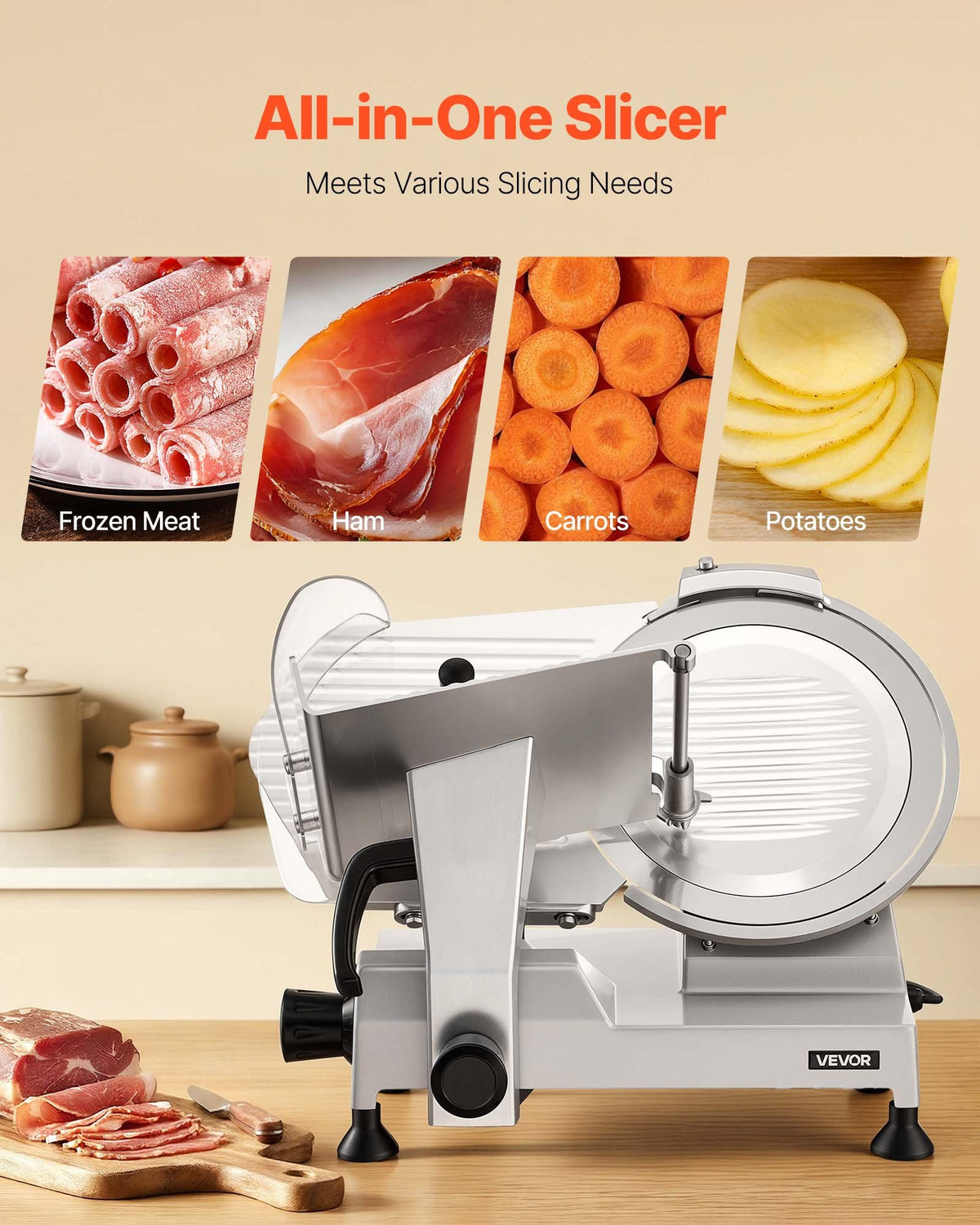 VEVOR Commercial Meat Slicer, 400W Electric Cutter, Removable 30cm Carbon Steel Blade and Food Tray, 0-15mm Adjustable Thickness Food Slicer Machine, for Frozen Meat, Ham, Baguett, Steak, ETL Approved