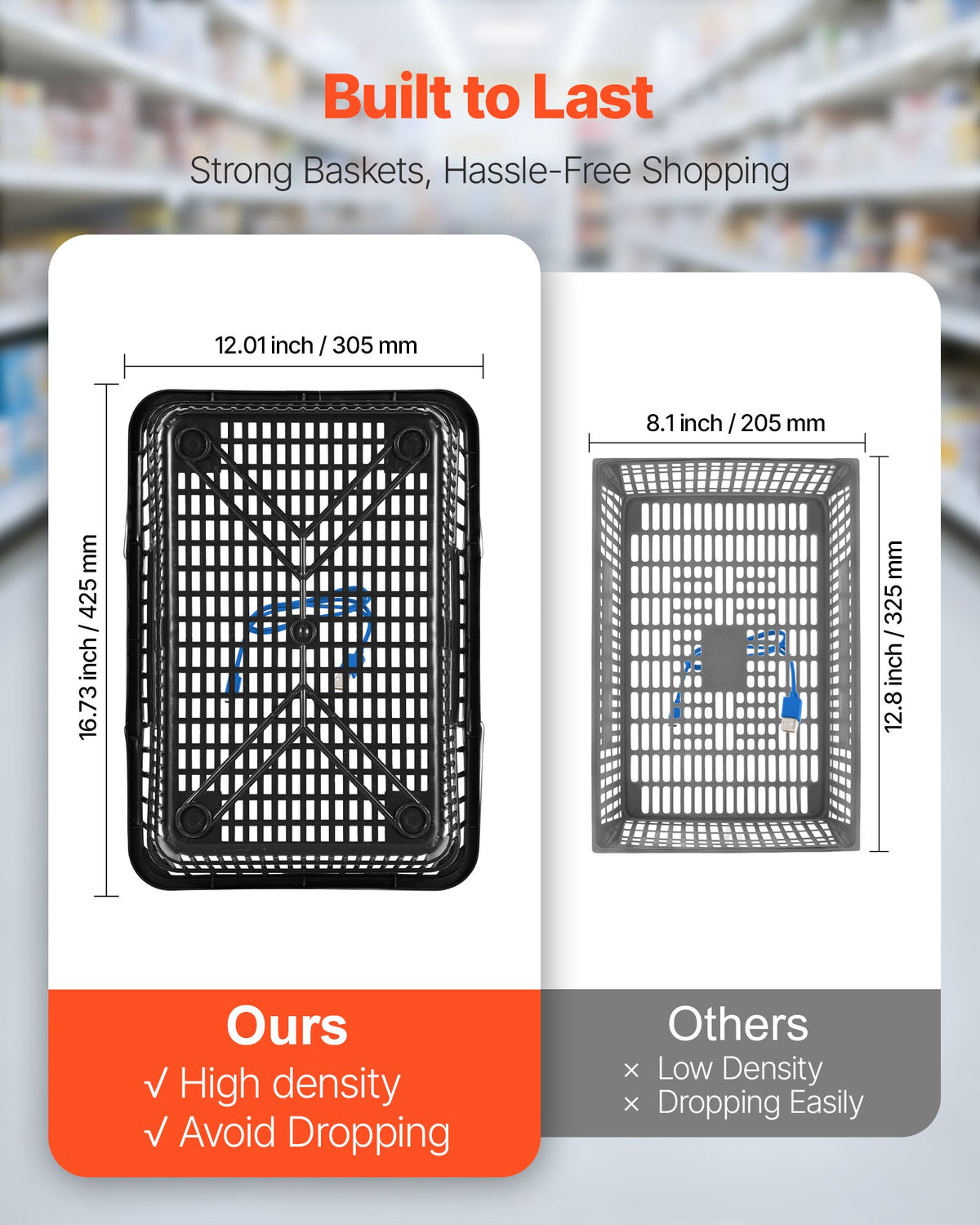 VEVOR Shopping Baskets, 12 PCS, 21L Stackable PE Plastic Grocery Baskets with Handles, Dense Mesh Structure, Holds up to 9.07kg, Portable for Grocery, Retail, Stores, Supermarket, Home Use, Black