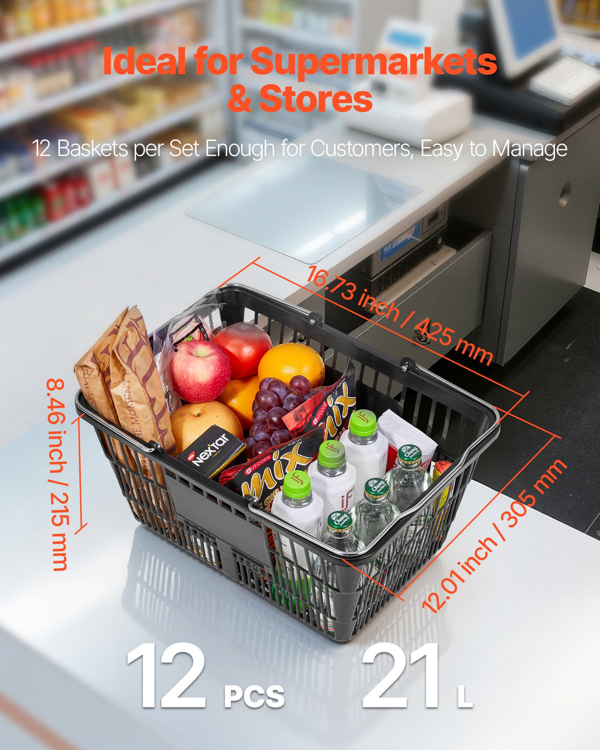 VEVOR Shopping Baskets, 12 PCS, 21L Stackable PE Plastic Grocery Baskets with Handles, Dense Mesh Structure, Holds up to 9.07kg, Portable for Grocery, Retail, Stores, Supermarket, Home Use, Black