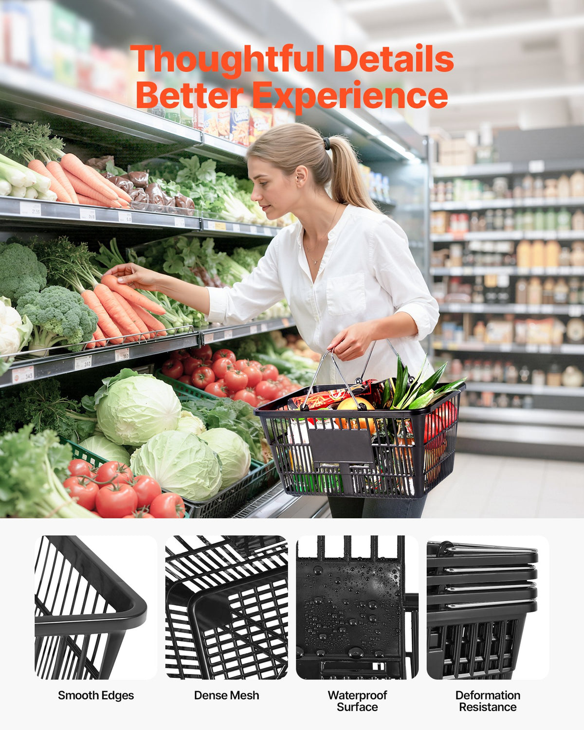 VEVOR Shopping Baskets, 12 PCS, 21L Stackable PE Plastic Grocery Baskets with Handles, Dense Mesh Structure, Holds up to 9.07kg, Portable for Grocery, Retail, Stores, Supermarket, Home Use, Black