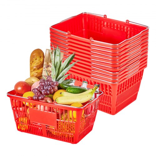 VEVOR Shopping Baskets, 12 PCS, 21L Stackable PE Plastic Grocery Baskets with Metal Handles, Dense Mesh Structure, Holds up to 9.07kg, Portable for Grocery, Retail, Stores, Supermarket, Home Use, Red