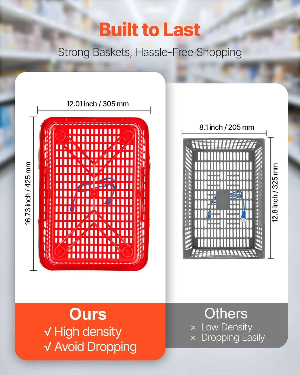 VEVOR Shopping Baskets, 12 PCS, 21L Stackable PE Plastic Grocery Baskets with Metal Handles, Dense Mesh Structure, Holds up to 9.07kg, Portable for Grocery, Retail, Stores, Supermarket, Home Use, Red