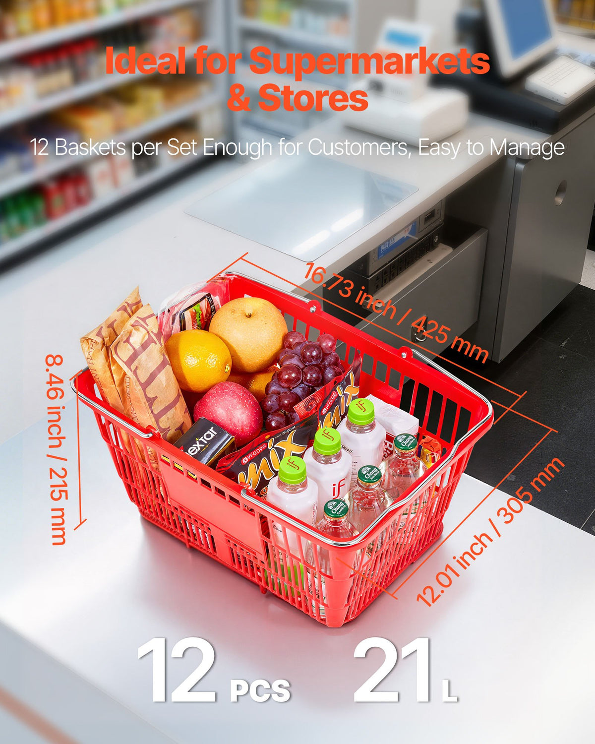 VEVOR Shopping Baskets, 12 PCS, 21L Stackable PE Plastic Grocery Baskets with Metal Handles, Dense Mesh Structure, Holds up to 9.07kg, Portable for Grocery, Retail, Stores, Supermarket, Home Use, Red