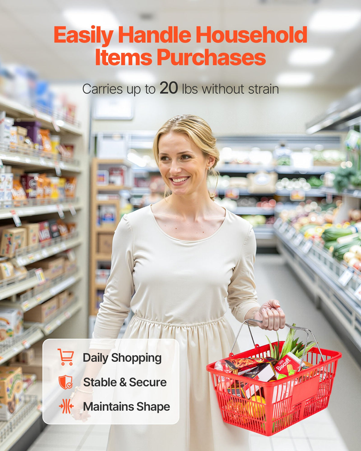 VEVOR Shopping Baskets, 12 PCS, 21L Stackable PE Plastic Grocery Baskets with Metal Handles, Dense Mesh Structure, Holds up to 9.07kg, Portable for Grocery, Retail, Stores, Supermarket, Home Use, Red