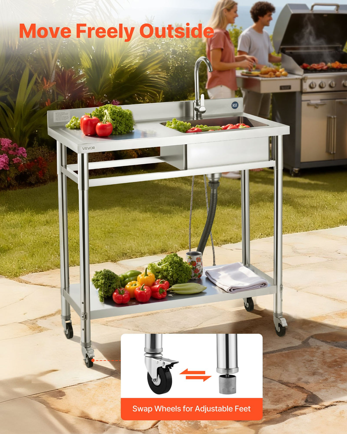VEVOR Stainless Steel Utility Sink, Rolling Single Bowl Commercial Kitchen Sink with Wheels, Faucet and Hot & Cold Water Pipe, Utility Basin Workbench for Garage Restaurant Laundry 1000 x 500 x 1055mm