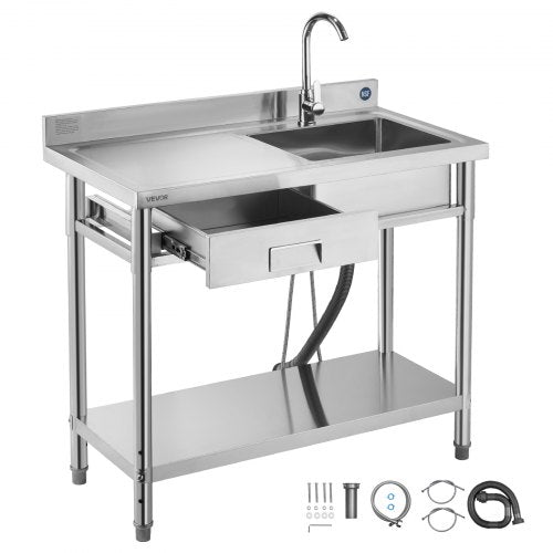 VEVOR Stainless Steel Utility Sink, Free Standing Single Bowl Commercial Kitchen Sink with Drawer, Faucet and Hot & Cold Water Pipe, Utility Basin for Garage Restaurant Laundry, 1000 x 500 x 940 mm