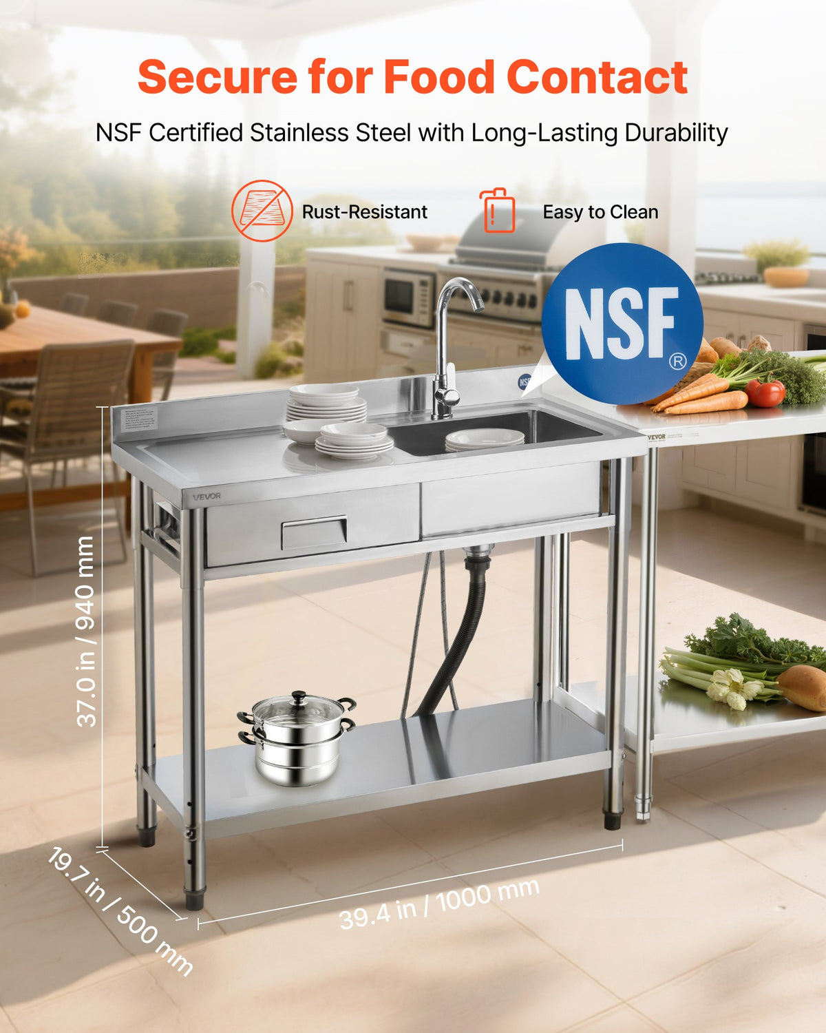 VEVOR Stainless Steel Utility Sink, Free Standing Single Bowl Commercial Kitchen Sink with Drawer, Faucet and Hot & Cold Water Pipe, Utility Basin for Garage Restaurant Laundry, 1000 x 500 x 940 mm