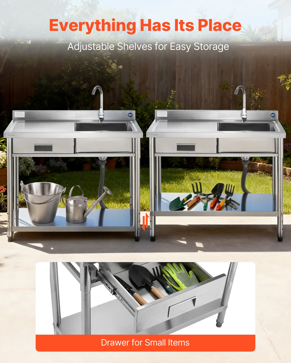 VEVOR Stainless Steel Utility Sink, Free Standing Single Bowl Commercial Kitchen Sink with Drawer, Faucet and Hot & Cold Water Pipe, Utility Basin for Garage Restaurant Laundry, 1000 x 500 x 940 mm