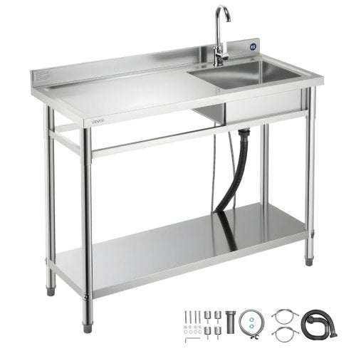 VEVOR Stainless Steel Utility Sink, Free Standing Single Bowl Commercial Kitchen Sink with Faucet, Utility Left Basin Workbench with Hot & Cold Water Pipe for Garage Restaurant Laundry, 1200x500x940mm