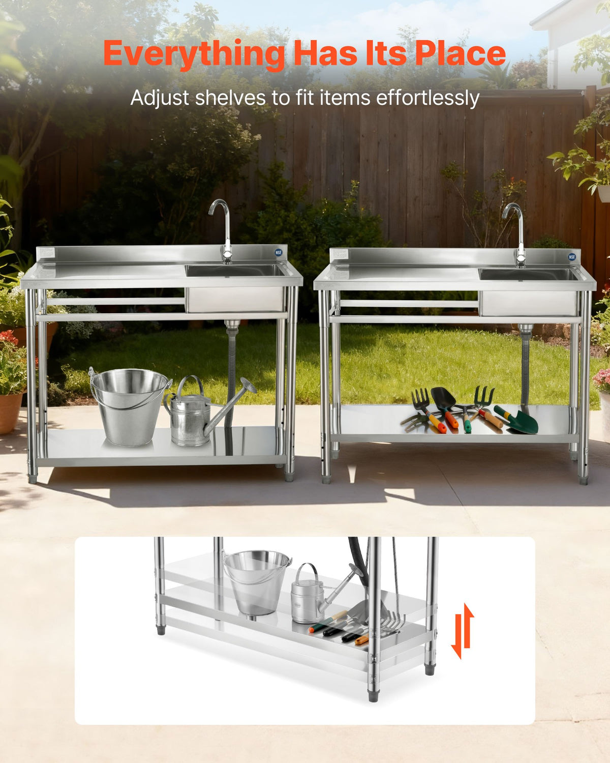 VEVOR Stainless Steel Utility Sink, Free Standing Single Bowl Commercial Kitchen Sink with Faucet, Utility Left Basin Workbench with Hot & Cold Water Pipe for Garage Restaurant Laundry, 1200x500x940mm