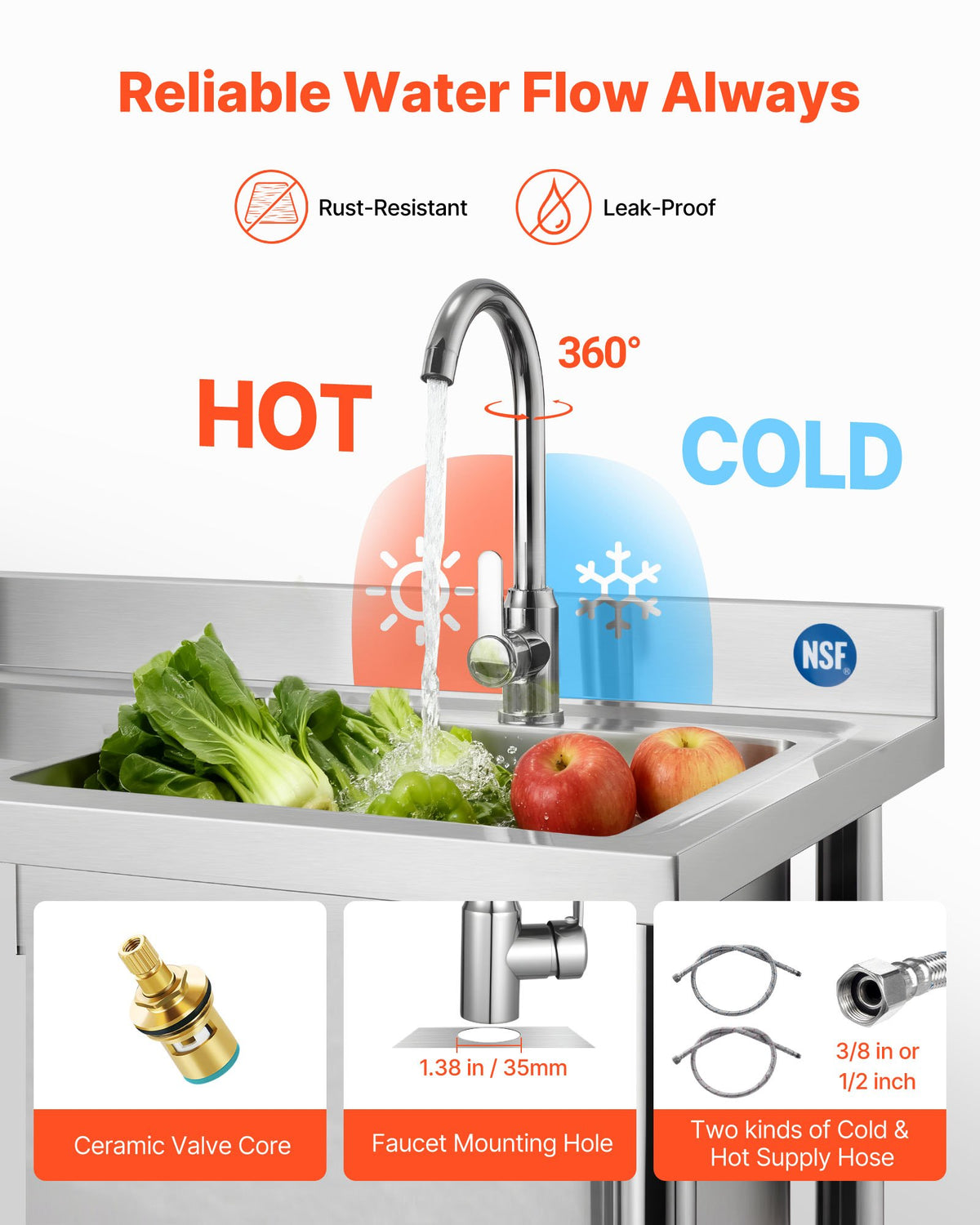 VEVOR Stainless Steel Utility Sink, Free Standing Single Bowl Commercial Kitchen Sink with Faucet, Utility Left Basin Workbench with Hot & Cold Water Pipe for Garage Restaurant Laundry, 1200x500x940mm